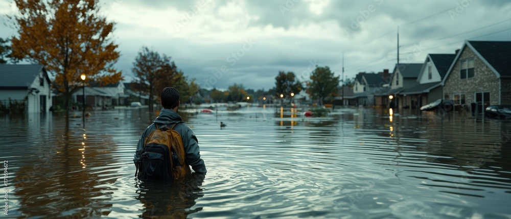 Obraz premium Suburban neighborhood flooding event residential area photo urban environment ground level water crisis awareness