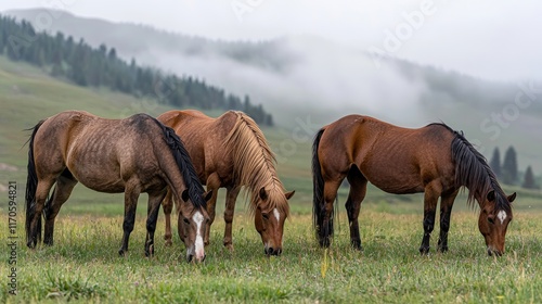 Wallpaper Mural Grazing horses in misty green meadow nature serene landscape peaceful environment close-up view Torontodigital.ca