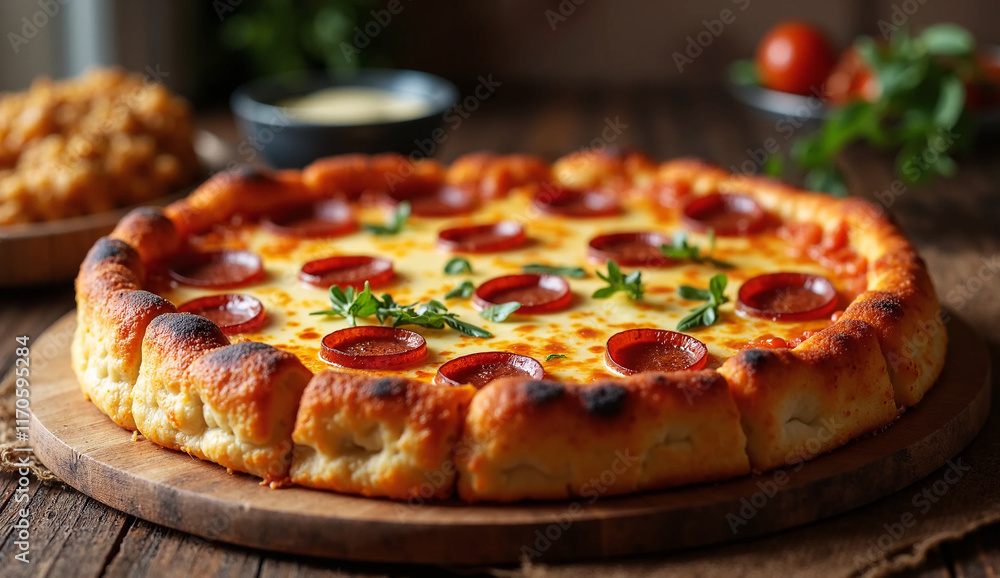 Delicious deep dish pizza with cheese sausage and buttery crust Delicious deep dish pizza with cheese sausage and buttery crust