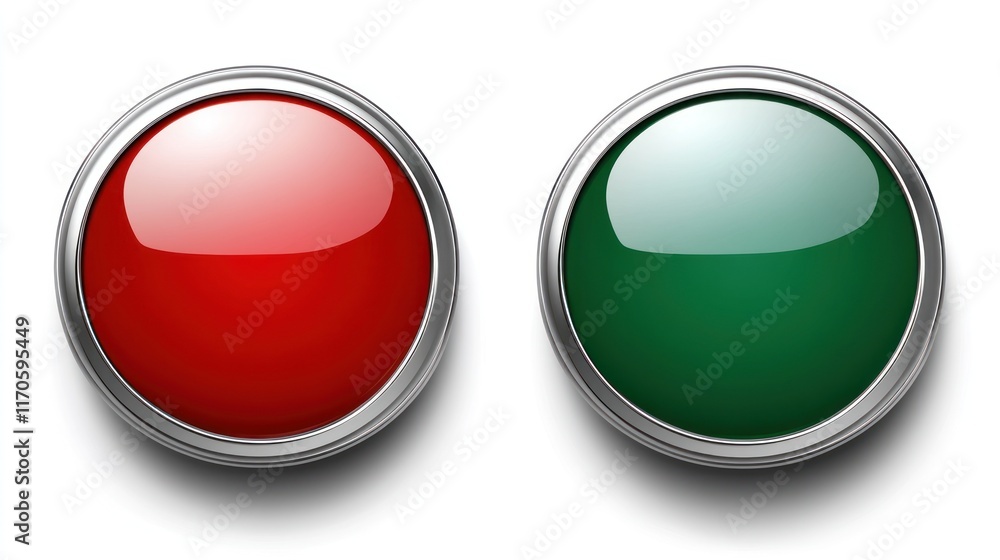 Two glossy buttons, one red and one green, possibly indicating a choice or action. Two glossy buttons, one red and one green, possibly indicating a choice or action.
