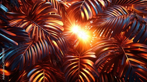 A vibrant arrangement of metallic-looking palm leaves illuminated by warm light. photo