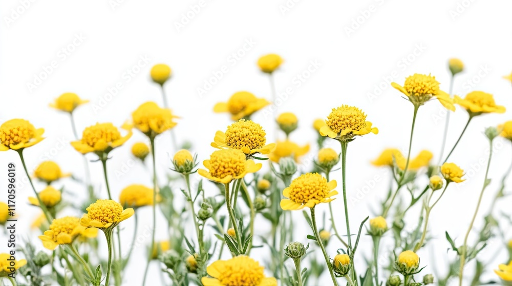 Yellow flowers blooming, spring meadow, white background, nature beauty, greeting card. Yellow flowers blooming, spring meadow, white background, nature beauty, greeting card.