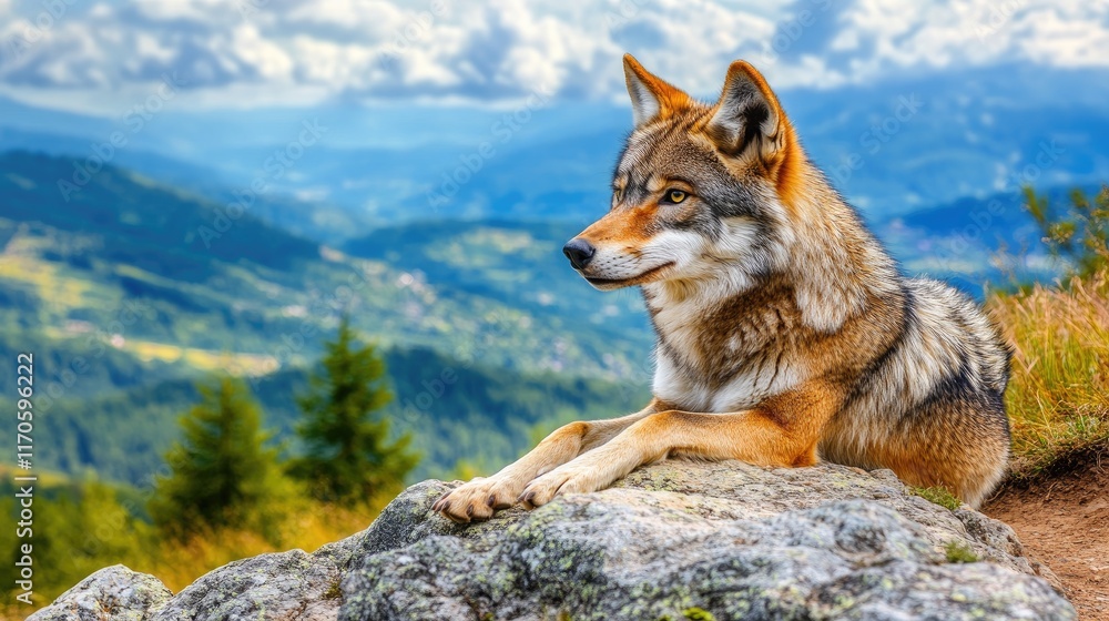 A wolf resting on a rock with a scenic mountain landscape in the background. A wolf resting on a rock with a scenic mountain landscape in the background.