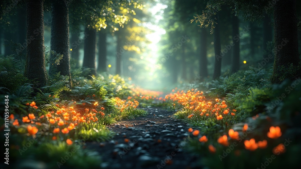 Fototapeta premium Sunlit path through enchanted forest with orange flowers.