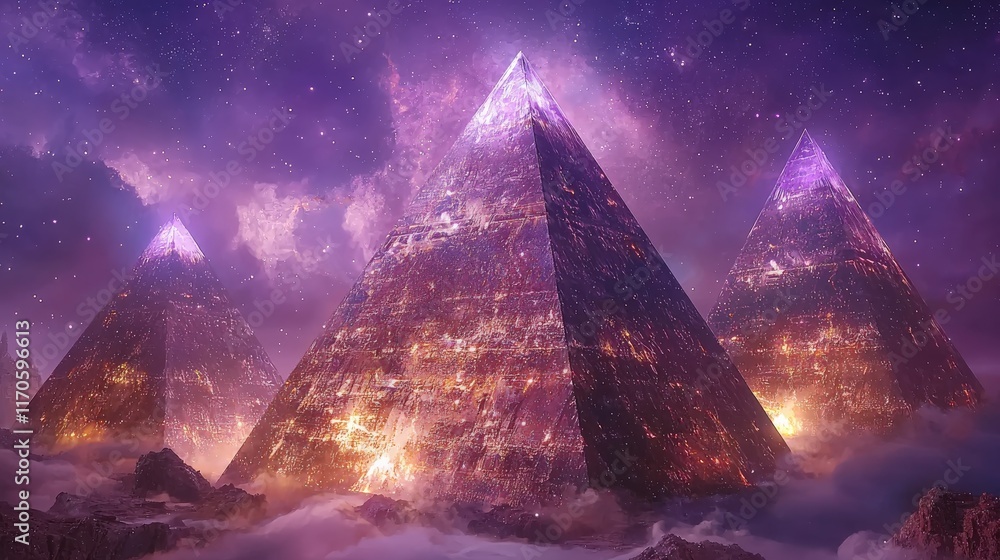 Fototapeta premium Majestic pyramids rise against a cosmic backdrop, illuminated by ethereal light, creating a mystical and captivating atmosphere.