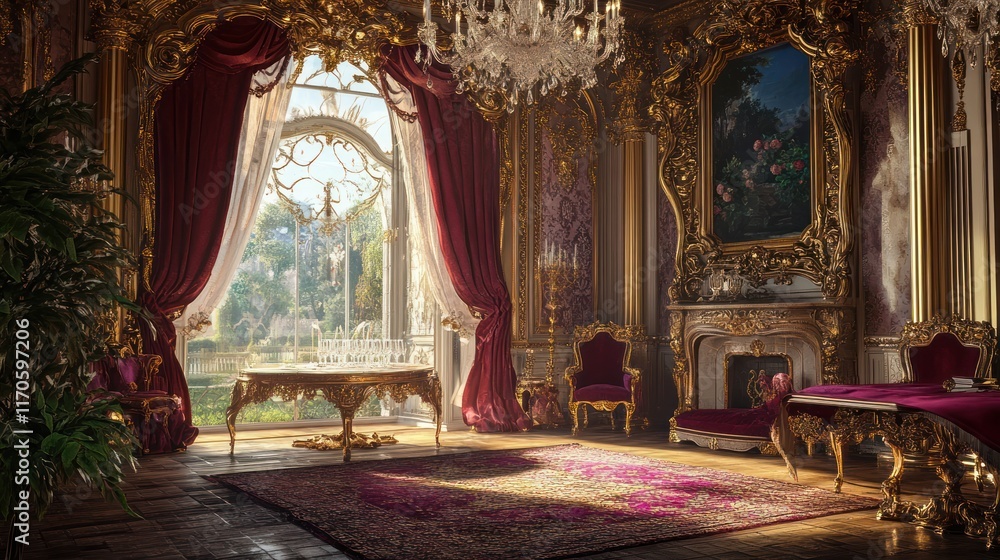 Obraz premium Sunlit Palace Room, Garden View, opulent d?cor, fantasy setting, game design