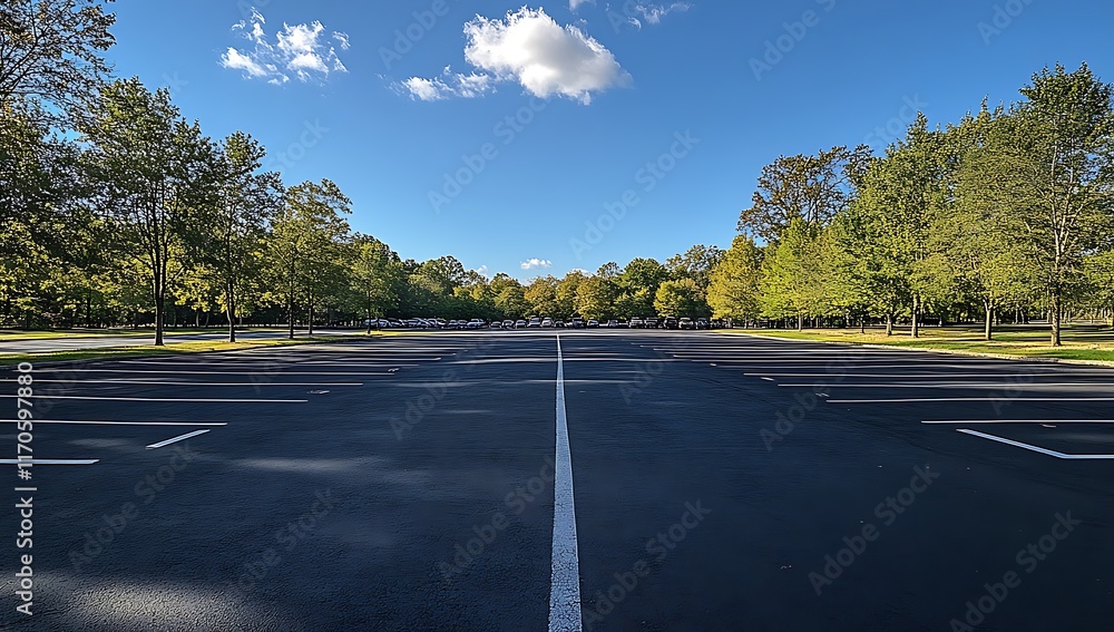 A wide view of an empty parking lot surrounded by trees. A wide view of an empty parking lot surrounded by trees.