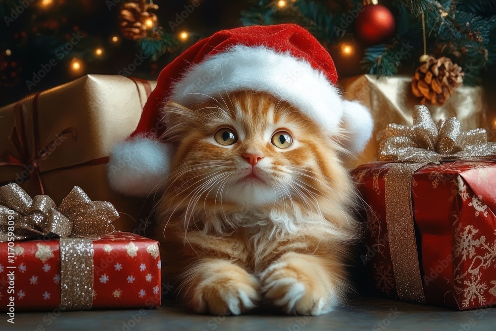 Cozy Holiday Scene with Fluffy Orange Cat in Santa Hat Surrounded by Christmas Gifts and Decorations Cozy Holiday Scene with Fluffy Orange Cat in Santa Hat Surrounded by Christmas Gifts and Decorations
