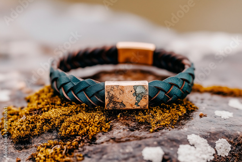 Braided Leather Bracelet with Copper and Stone Accents photo