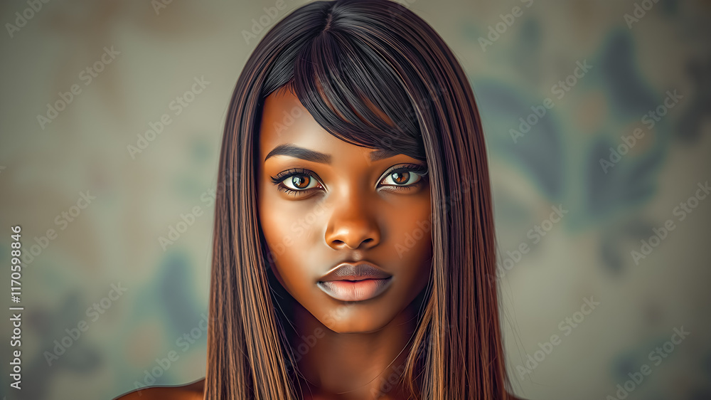 Luxury fashion model, sexy eyes, charming look and eyes, beautiful African American woman with long straight hair posing, beauty spa skincare portrait. Black young pretty woman with a long shiny hair Luxury fashion model, sexy eyes, charming look and eyes, beautiful African American woman with long straight hair posing, beauty spa skincare portrait. Black young pretty woman with a long shiny hair