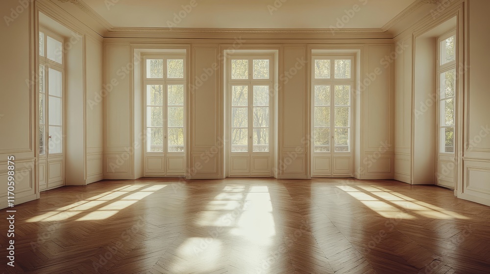 Fototapeta premium An empty room with wood flooring and open windows, showcasing a minimalist and serene atmosphere in elegant simplicity. The space captures tranquility and modern interior style in 8k resolution.