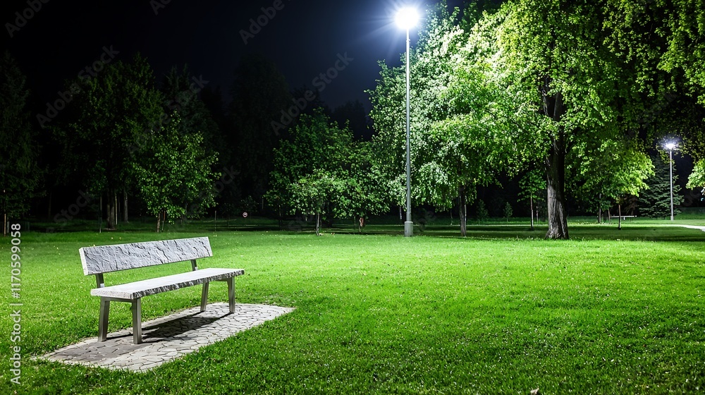 A contemporary stone bench supported by elegant metal legs, showcased within a naturally illuminated park. The setting offers a perfect contrast between the benchs clean lines and the soft organic A contemporary stone bench supported by elegant metal legs, showcased within a naturally illuminated park. The setting offers a perfect contrast between the benchs clean lines and the soft organic