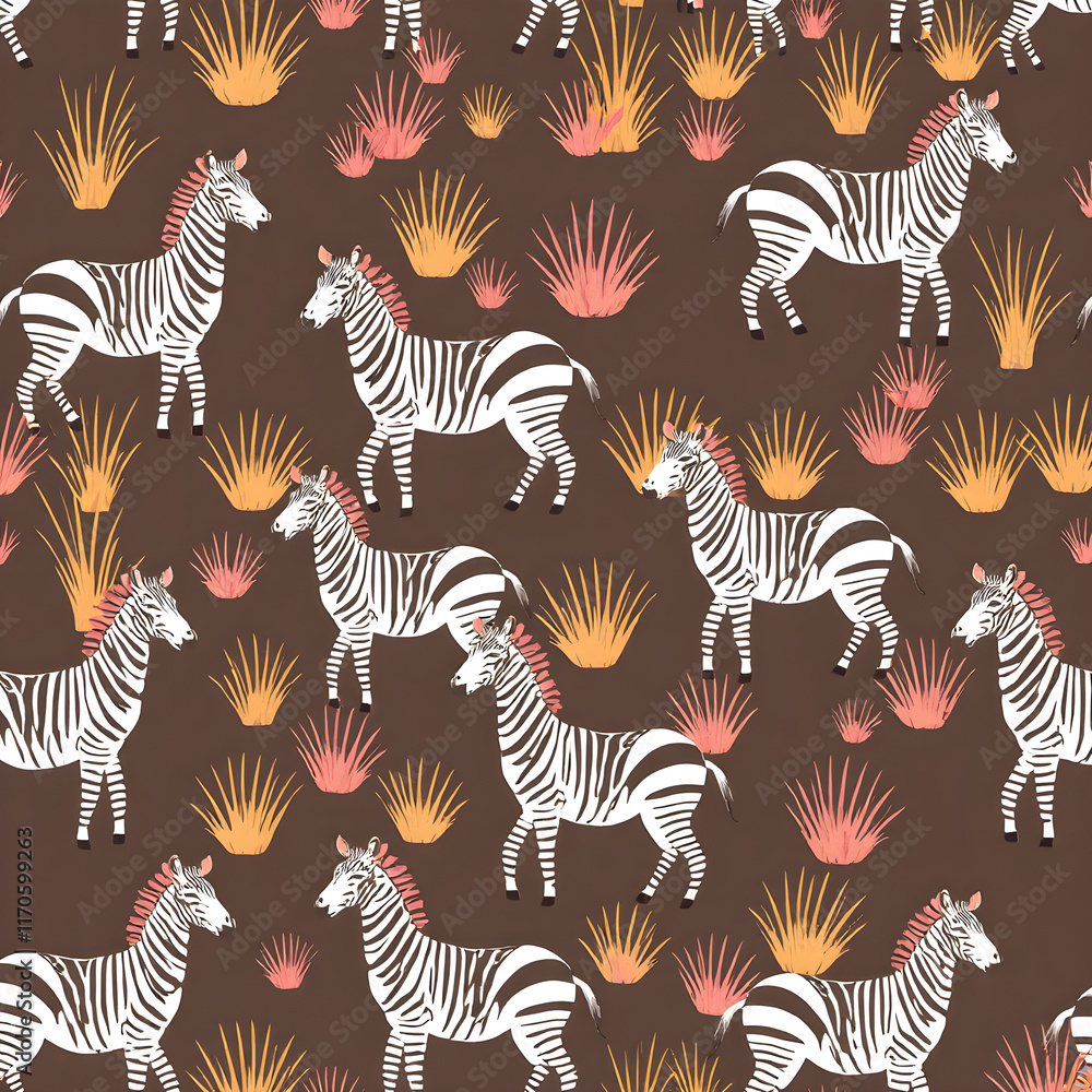 Obraz premium Seamless pattern of pastel zebras and savanna grass with a cheerful and bright theme.