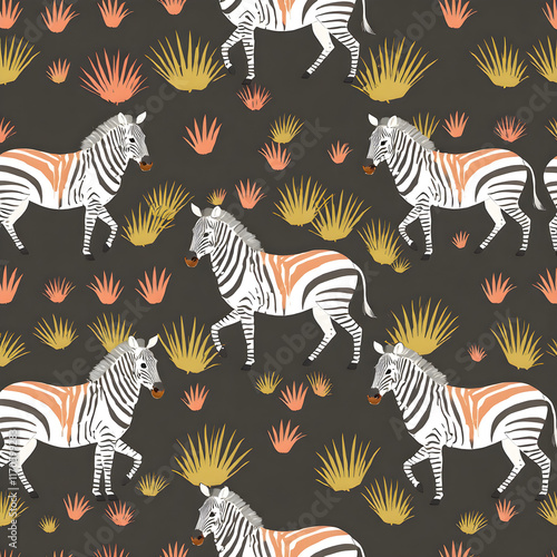 Seamless pattern of pastel zebras and savanna grass with a cheerful and bright theme. photo