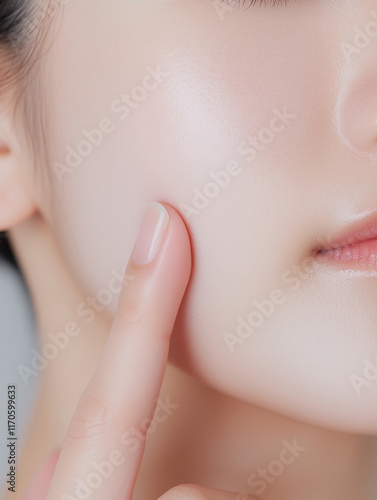 Close-up of Woman's Face and Finger on Cheek