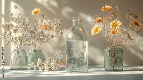 Sunlit Still Life with Dried Flowers and Sparkling Water