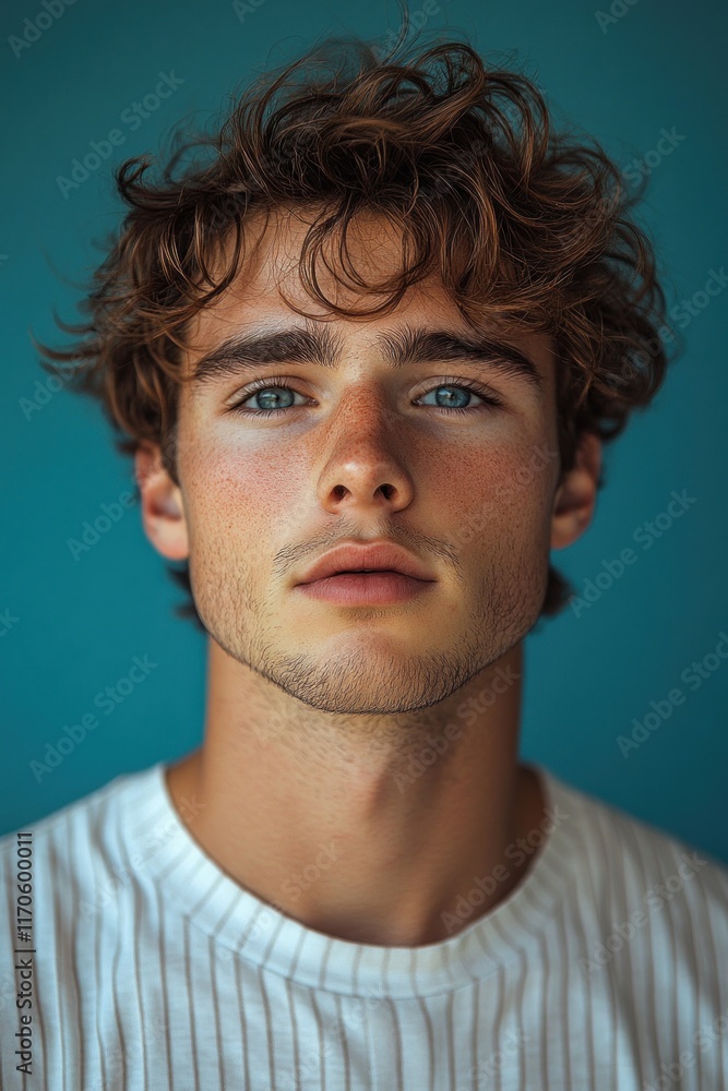 Fototapeta premium Young Man Smiling Natural Light Portrait White Striped Shirt Blue Background Skincare Casual Cool Japanese Health Care