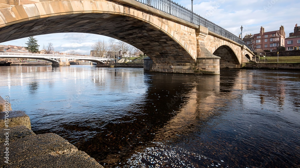 Naklejka premium A majestic stone and metal bridge gracefully arches over a sparkling river, capturing the interplay of light and shadow on its surface. The intricate design showcases the craftsmanship of the