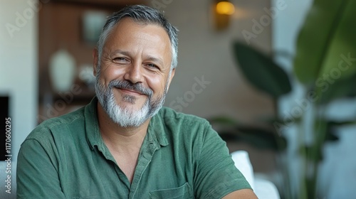 Portrait of happy smiling middle aged mature senior 50 years old bearded man wearing green shirt sitting on couch at home interior looking at camera relaxing on sofa in modern house.