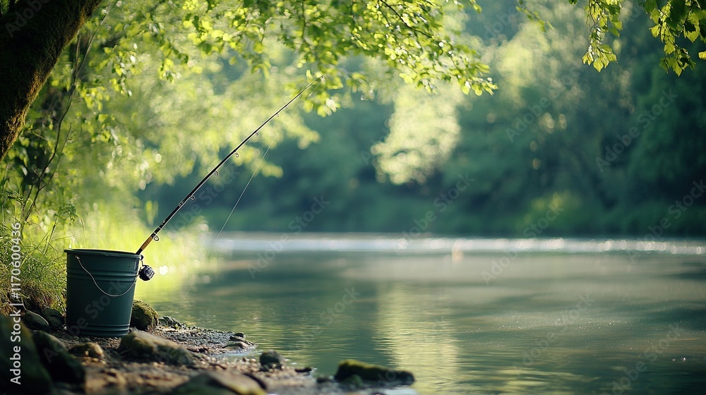 Obraz premium Fishing rod and bucket by tranquil river.