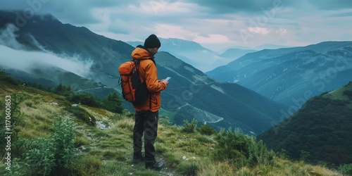 man using mobile phone on mountain, looking for signal, professional mountain climber
