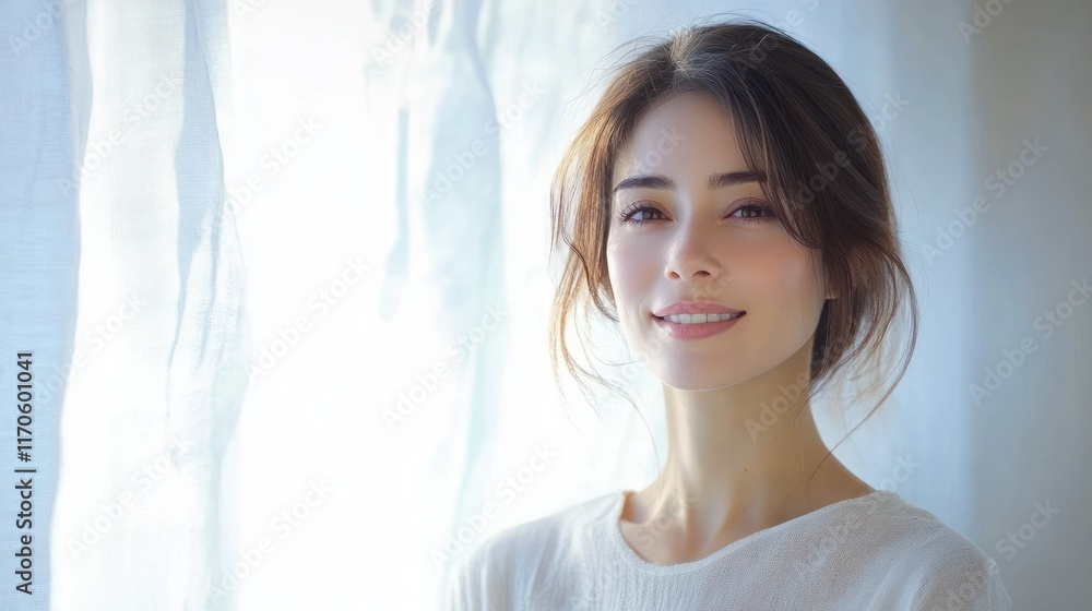 Middle-aged Woman Smiling in Natural Light with Ethereal Curtains Beauty Portrait Middle-aged Woman Smiling in Natural Light with Ethereal Curtains Beauty Portrait