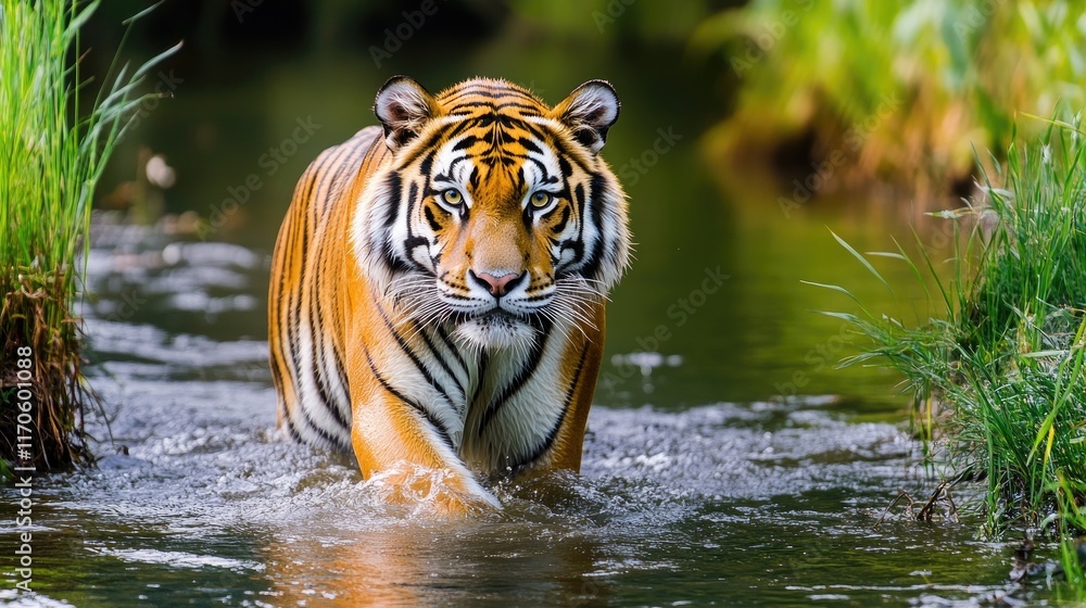 A majestic tiger wades through a serene body of water surrounded by lush greenery. A majestic tiger wades through a serene body of water surrounded by lush greenery.