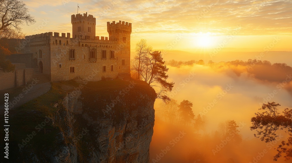Fototapeta premium A majestic castle perched on a cliff, surrounded by mist, illuminated by a warm sunrise, creating a serene and enchanting atmosphere.