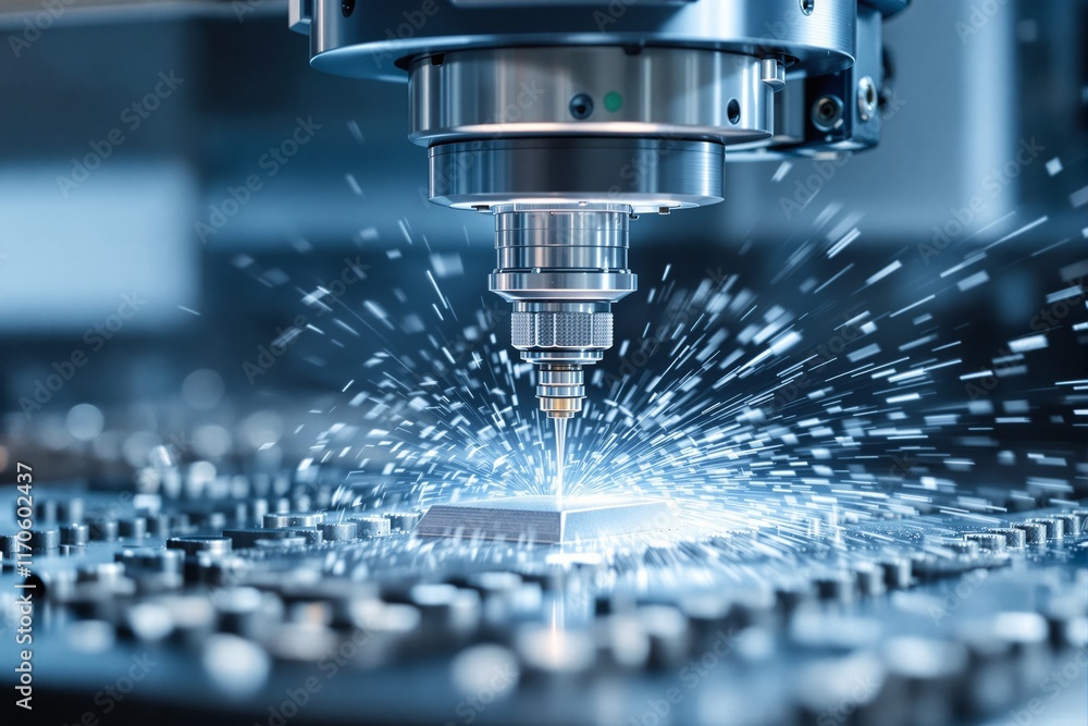 Close-up of a CNC machine tool cutting metal with sparks flying, blue tones, industrial blurred background, concept of precision manufacturing. Ai generative Close-up of a CNC machine tool cutting metal with sparks flying, blue tones, industrial blurred background, concept of precision manufacturing. Ai generative