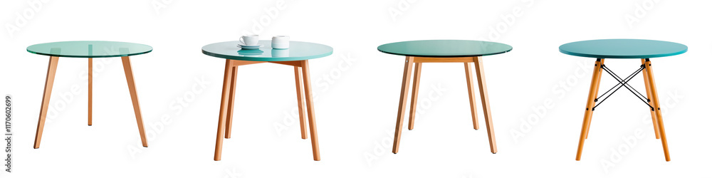 Sleek and stylish round glass tables with wooden legs in minimalist and contemporary designs showcased in various indoor settings such as home office and apartment interiors Sleek and stylish round glass tables with wooden legs in minimalist and contemporary designs showcased in various indoor settings such as home office and apartment interiors