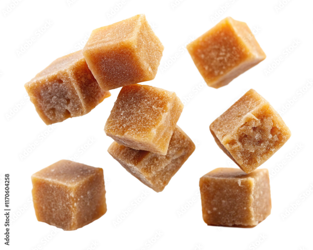 Cube jaggery pieces flaying on white background Cube jaggery pieces flaying on white background