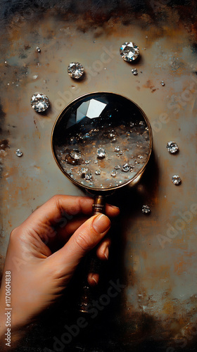 Magnifying Glass and Diamonds on a Brown Surface