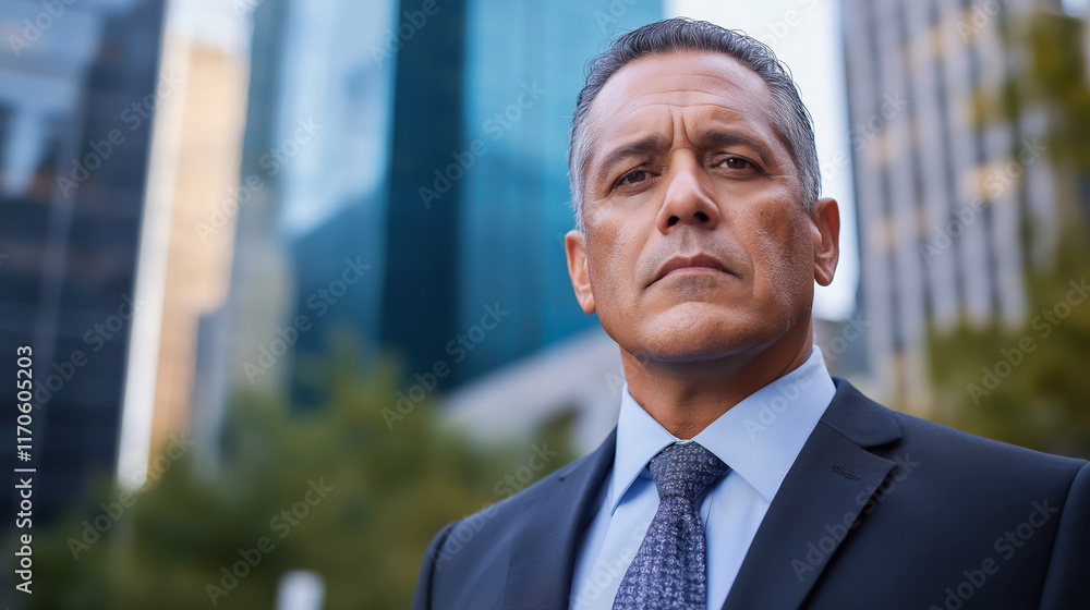 Executive in suit against office buildings. Business leadership and corporate management Executive in suit against office buildings. Business leadership and corporate management