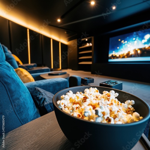 Home theater movie night with smart home control panel dark room setup popcorn and snacks for a cinematic experience