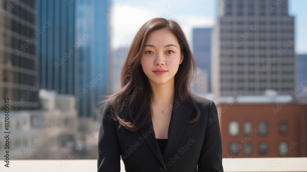 Young asian businesswoman in black suit against urban background. Corporate success and leadership concept Young asian businesswoman in black suit against urban background. Corporate success and leadership concept