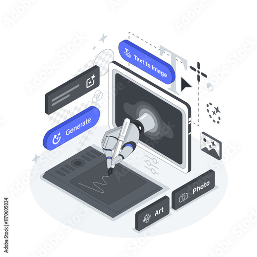 Ai Assistant in Raster Graphic Editor. Isometric vector illustration. Generate button. Text to image. The Hand comes out of the Screen and draws on the tablet