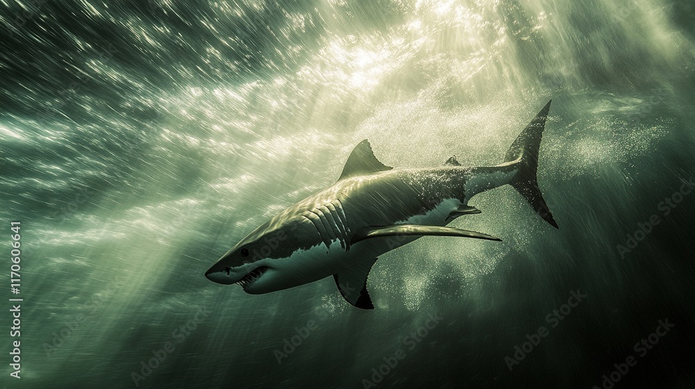 Fototapeta premium Great white shark underwater, sunlight rays.