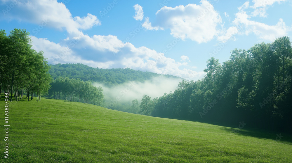 A large grassy field with trees on the edges, a blue sky and white clouds in the background, a wide green space, a wide angle lens showing a green meadow, a park landscape A large grassy field with trees on the edges, a blue sky and white clouds in the background, a wide green space, a wide angle lens showing a green meadow, a park landscape