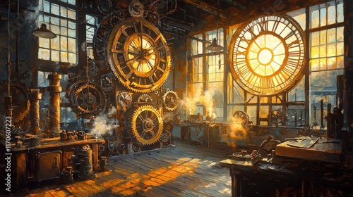 A steampunk workshop bathed in warm light, featuring intricate clock gears and large windows, creating a nostalgic and mechanical ambiance.