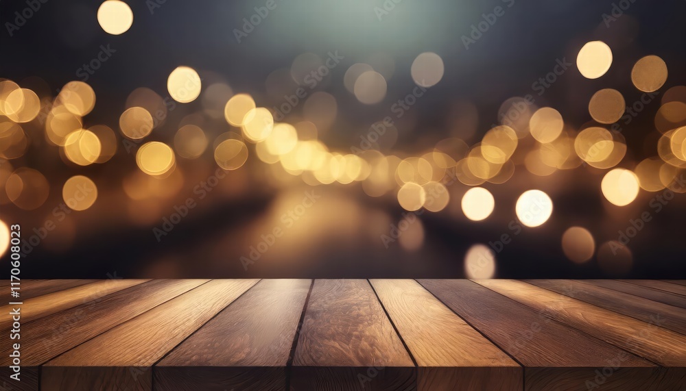 Elegant Empty Brown Wooden Floor with Wood Board Table Surrounded by a Dreamy Blurred Abstract Night Light Bokeh Background, Perfect for Cozy Atmosphere and Warm Ambiance in Interior Design Projects Elegant Empty Brown Wooden Floor with Wood Board Table Surrounded by a Dreamy Blurred Abstract Night Light Bokeh Background, Perfect for Cozy Atmosphere and Warm Ambiance in Interior Design Projects