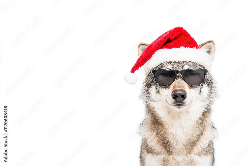 Cool dog wearing Santa hat and sunglasses in festive Christmas spirit Cool dog wearing Santa hat and sunglasses in festive Christmas spirit