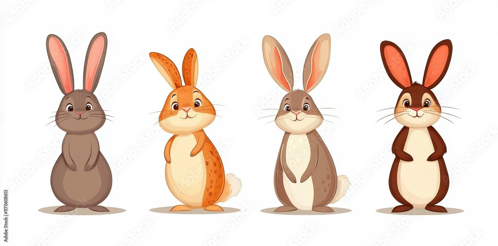 Obraz premium Set of four different cartoon rabbits standing upright isolated on white