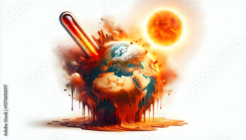 PLANET A conceptual thermometer with a glowing orange and red Earth at the base, high liquid level, and two2 photo