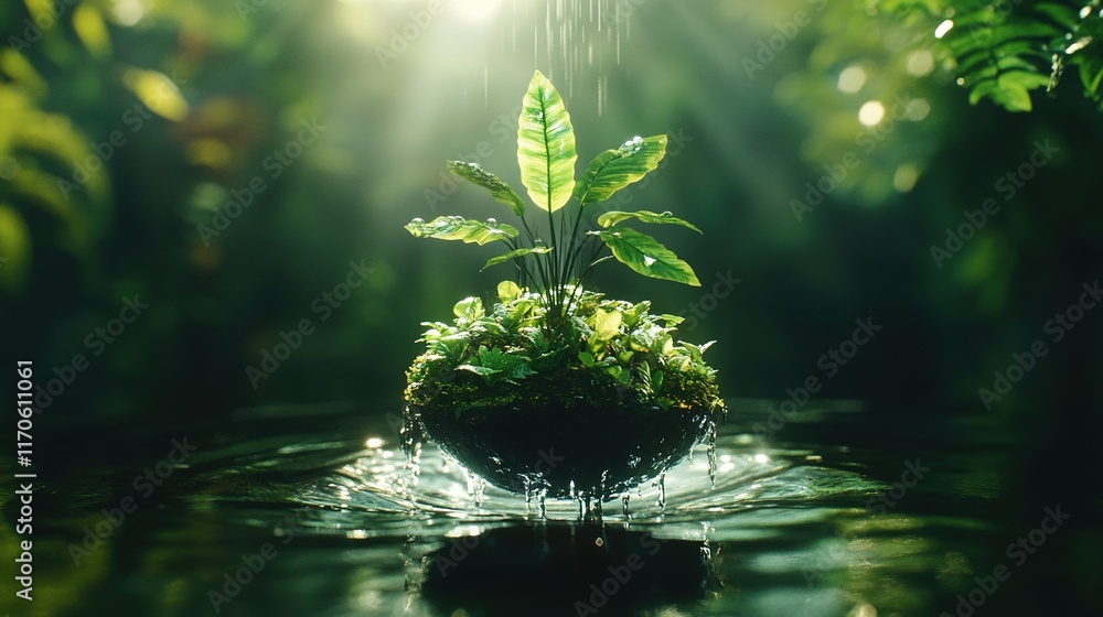 Naklejka premium Lush green plant sprouting from a sphere floating on water, sunlight shining through leaves.