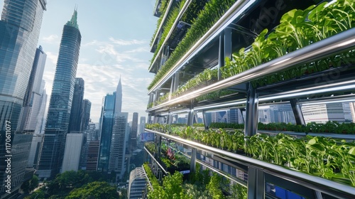 Innovative vertical farm in modern city urban landscape green living concept futuristic design residents enjoying fresh produce