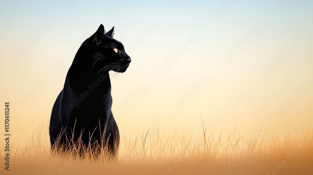 A majestic black cat gazes thoughtfully across a golden grass landscape, bathed in soft light, creating a serene and captivating atmosphere. A majestic black cat gazes thoughtfully across a golden grass landscape, bathed in soft light, creating a serene and captivating atmosphere.