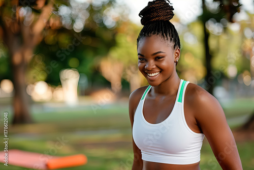 A woman with a ponytail and a white tank top is smiling