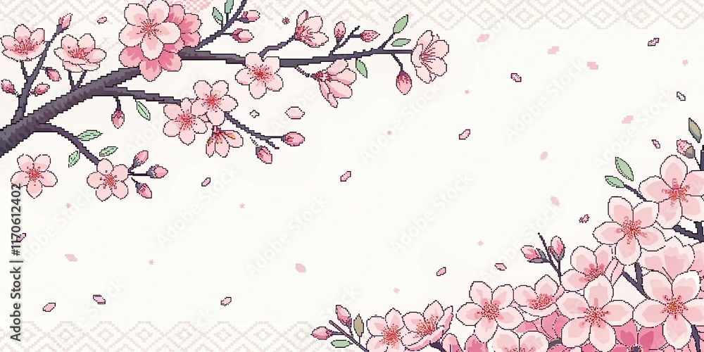Naklejka premium abstract pixel art cute beautiful flowers cherry blossoms illustration background