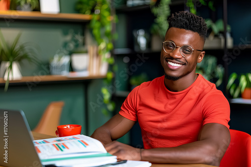 A young man in a red shirt is sitting at a desk with a laptop