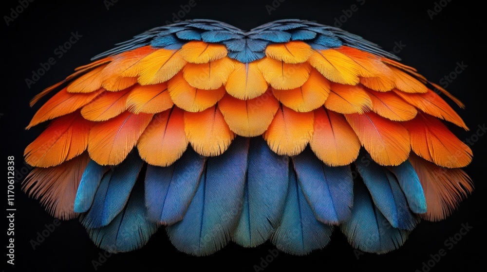 Obraz premium Symmetrical vibrant orange and blue parrot feathers on black background.
